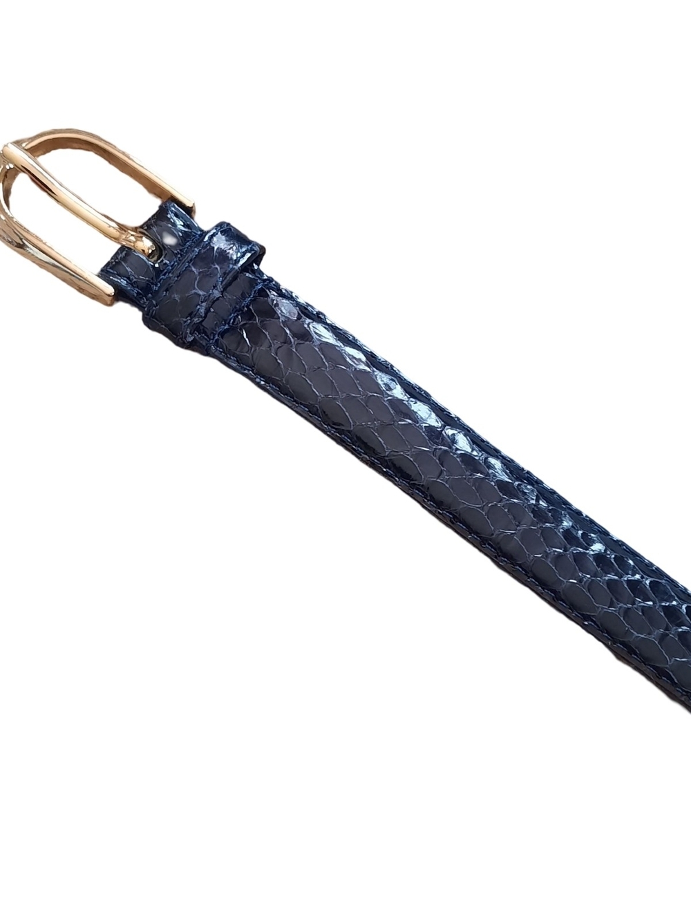 Glossy Navy Snakeskin Women’s Belt with Gold Buckle